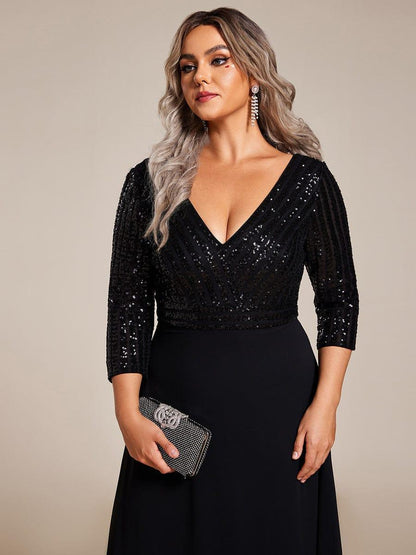 pretty LUENA|Plus Size V Neck A-Line Sequin Formal Evening Dress with Sleeve