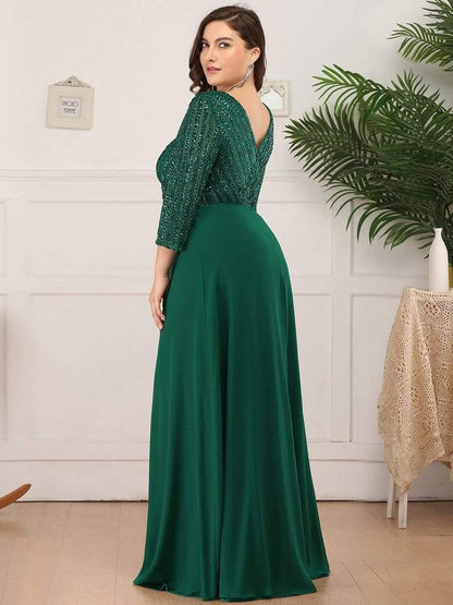 pretty LUENA|Plus Size V Neck A-Line Sequin Formal Evening Dress with Sleeve