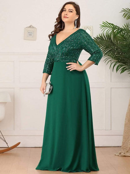 pretty LUENA|Plus Size V Neck A-Line Sequin Formal Evening Dress with Sleeve
