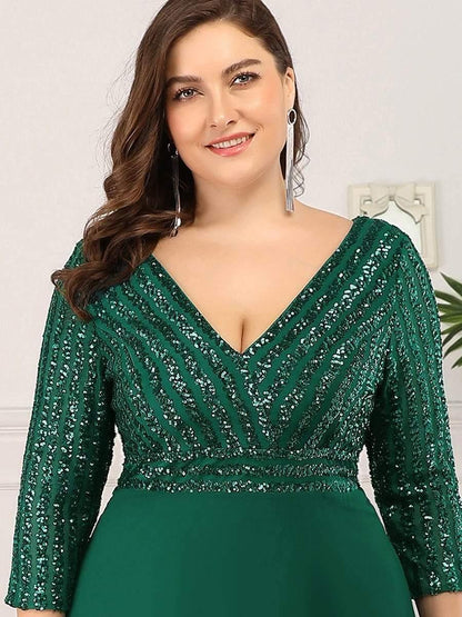 pretty LUENA|Plus Size V Neck A-Line Sequin Formal Evening Dress with Sleeve