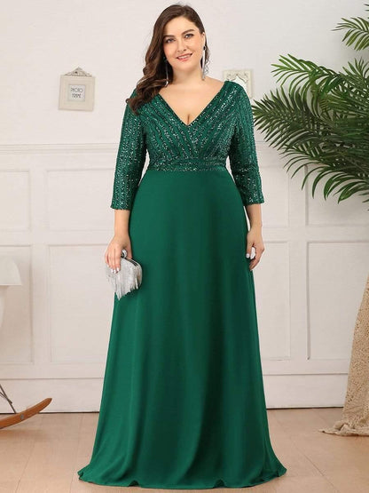 pretty LUENA|Plus Size V Neck A-Line Sequin Formal Evening Dress with Sleeve