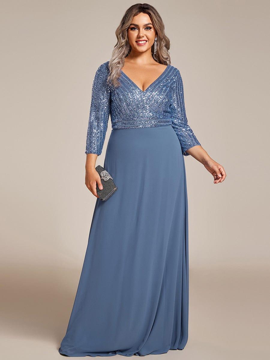 pretty LUENA|Plus Size V Neck A-Line Sequin Formal Evening Dress with Sleeve
