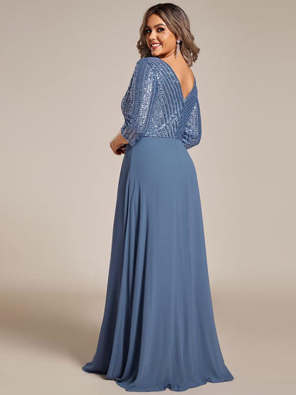 pretty LUENA|Plus Size V Neck A-Line Sequin Formal Evening Dress with Sleeve
