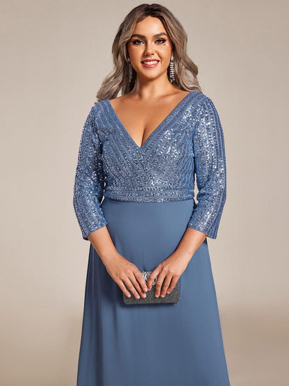 pretty LUENA|Plus Size V Neck A-Line Sequin Formal Evening Dress with Sleeve