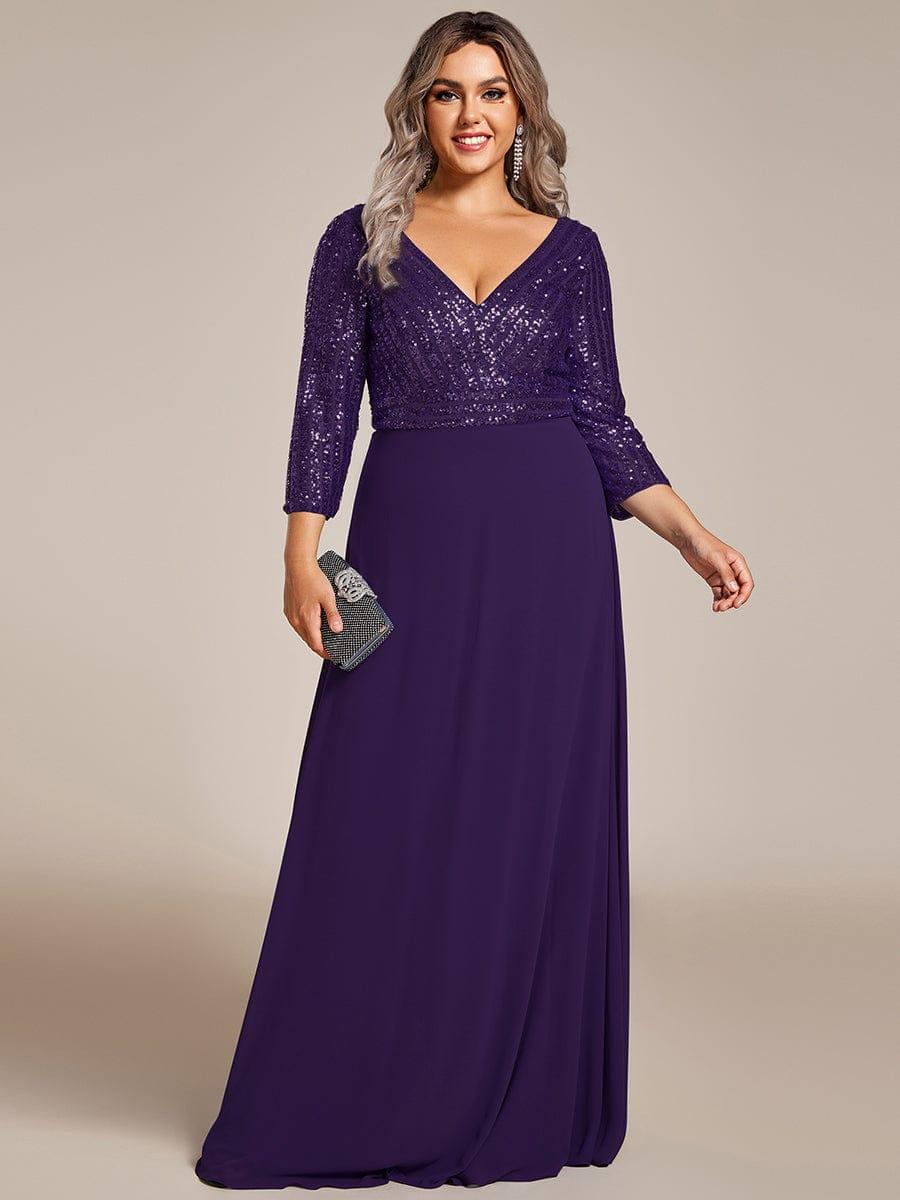 pretty LUENA|Plus Size V Neck A-Line Sequin Formal Evening Dress with Sleeve