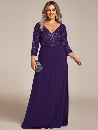 pretty LUENA|Plus Size V Neck A-Line Sequin Formal Evening Dress with Sleeve