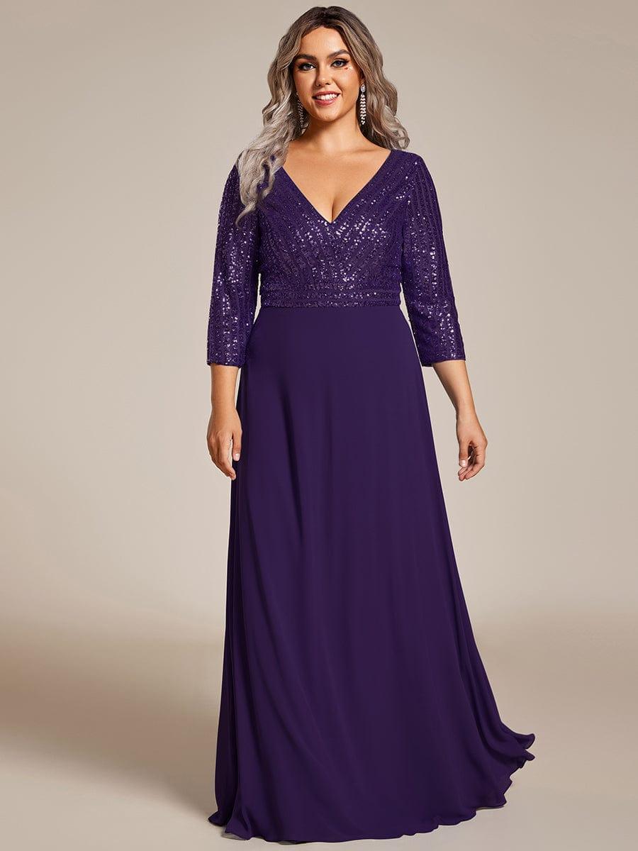 pretty LUENA|Plus Size V Neck A-Line Sequin Formal Evening Dress with Sleeve