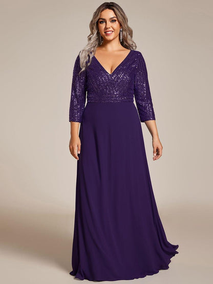 pretty LUENA|Plus Size V Neck A-Line Sequin Formal Evening Dress with Sleeve