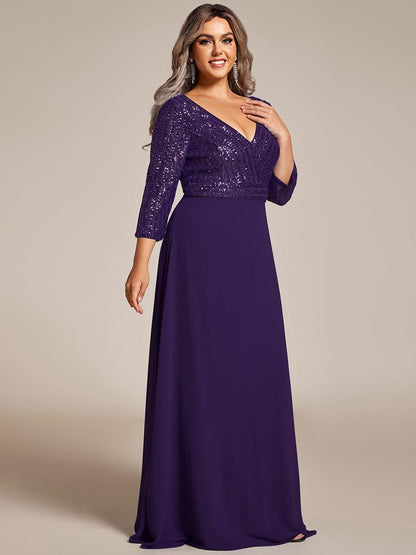pretty LUENA|Plus Size V Neck A-Line Sequin Formal Evening Dress with Sleeve