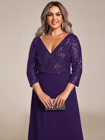 pretty LUENA|Plus Size V Neck A-Line Sequin Formal Evening Dress with Sleeve