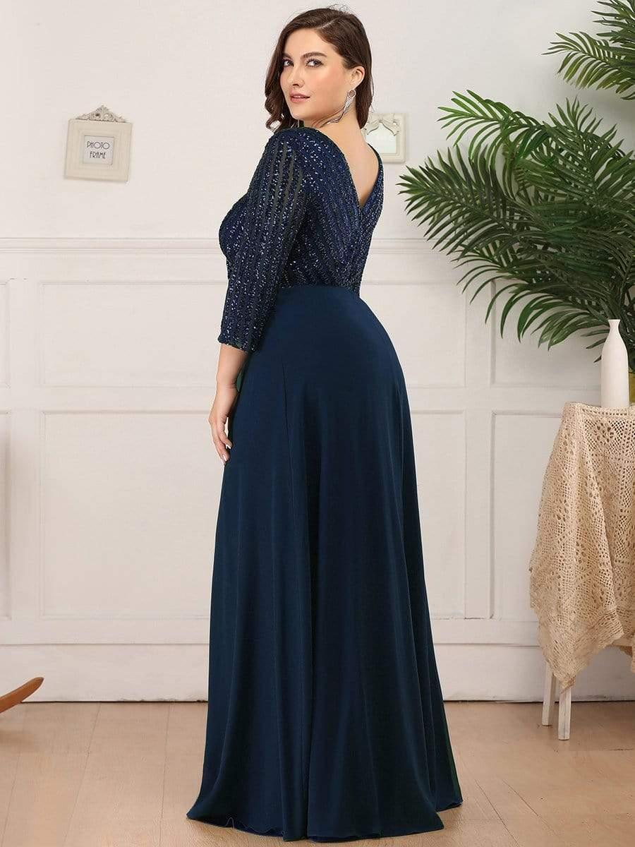 pretty LUENA|Plus Size V Neck A-Line Sequin Formal Evening Dress with Sleeve