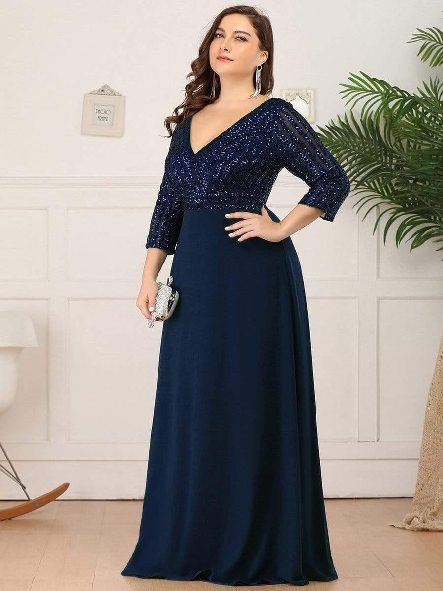 pretty LUENA|Plus Size V Neck A-Line Sequin Formal Evening Dress with Sleeve