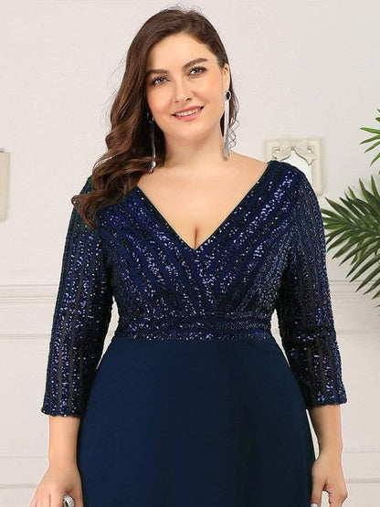 pretty LUENA|Plus Size V Neck A-Line Sequin Formal Evening Dress with Sleeve
