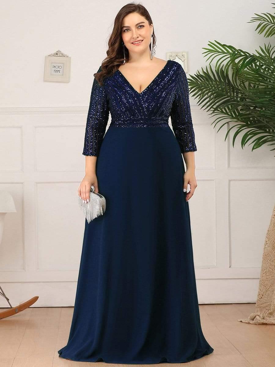 pretty LUENA|Plus Size V Neck A-Line Sequin Formal Evening Dress with Sleeve