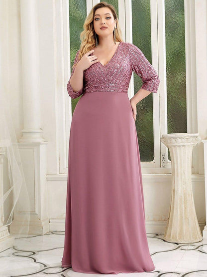 pretty LUENA|Plus Size V Neck A-Line Sequin Formal Evening Dress with Sleeve