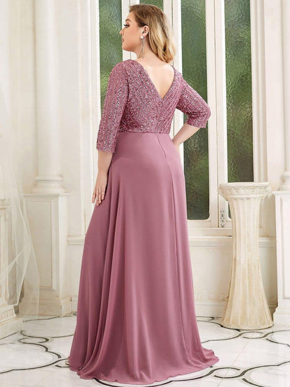 pretty LUENA|Plus Size V Neck A-Line Sequin Formal Evening Dress with Sleeve