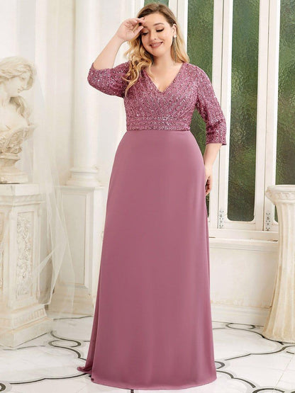 pretty LUENA|Plus Size V Neck A-Line Sequin Formal Evening Dress with Sleeve