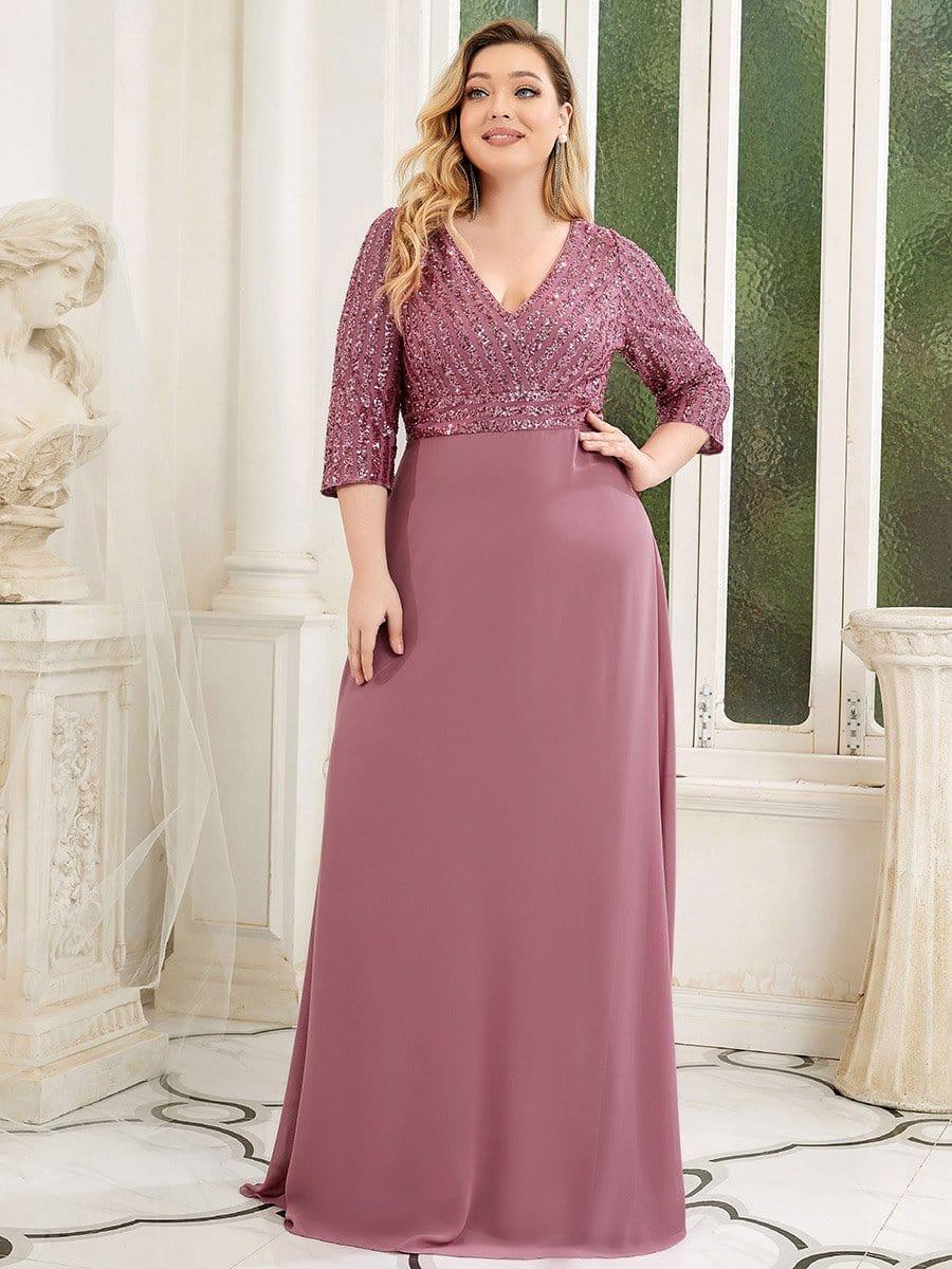pretty LUENA|Plus Size V Neck A-Line Sequin Formal Evening Dress with Sleeve