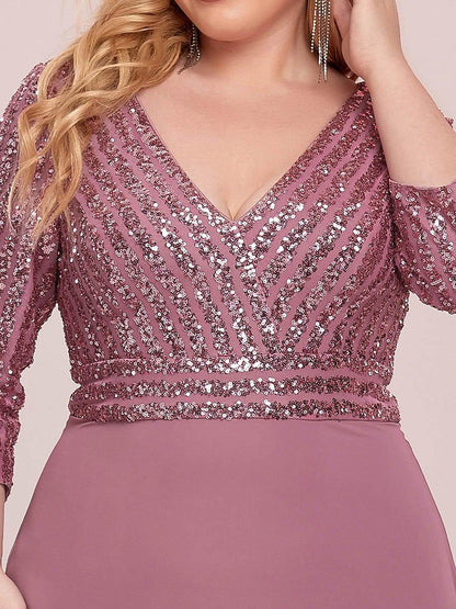 pretty LUENA|Plus Size V Neck A-Line Sequin Formal Evening Dress with Sleeve