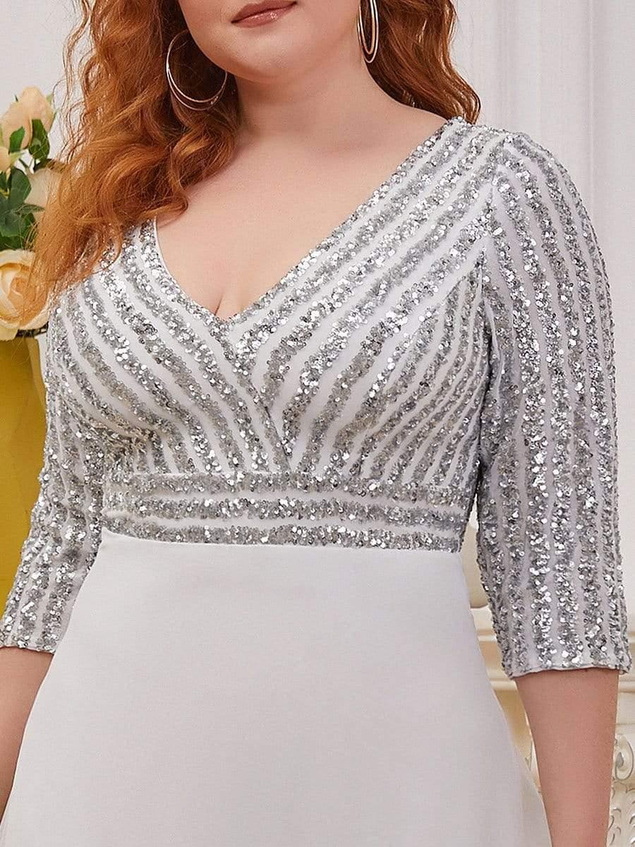 pretty LUENA|Plus Size V Neck A-Line Sequin Formal Evening Dress with Sleeve