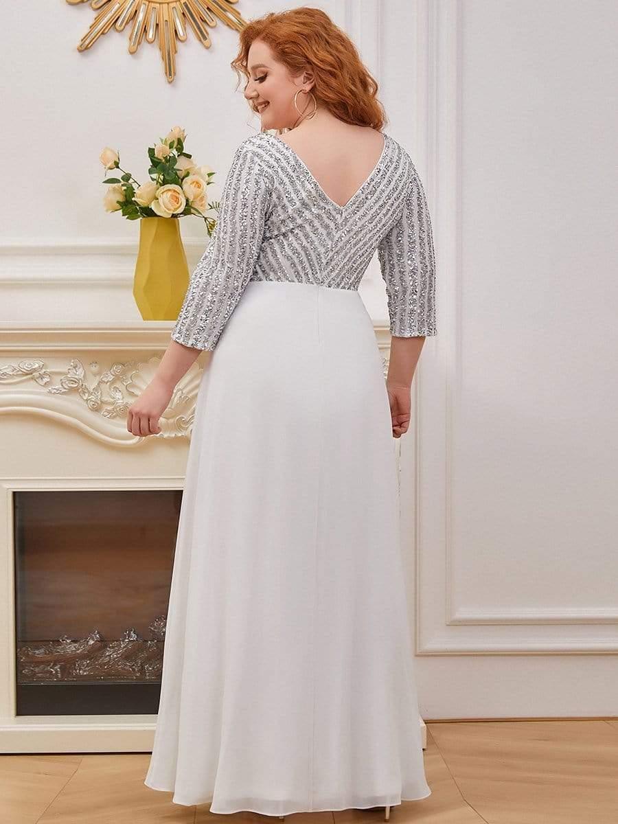 pretty LUENA|Plus Size V Neck A-Line Sequin Formal Evening Dress with Sleeve