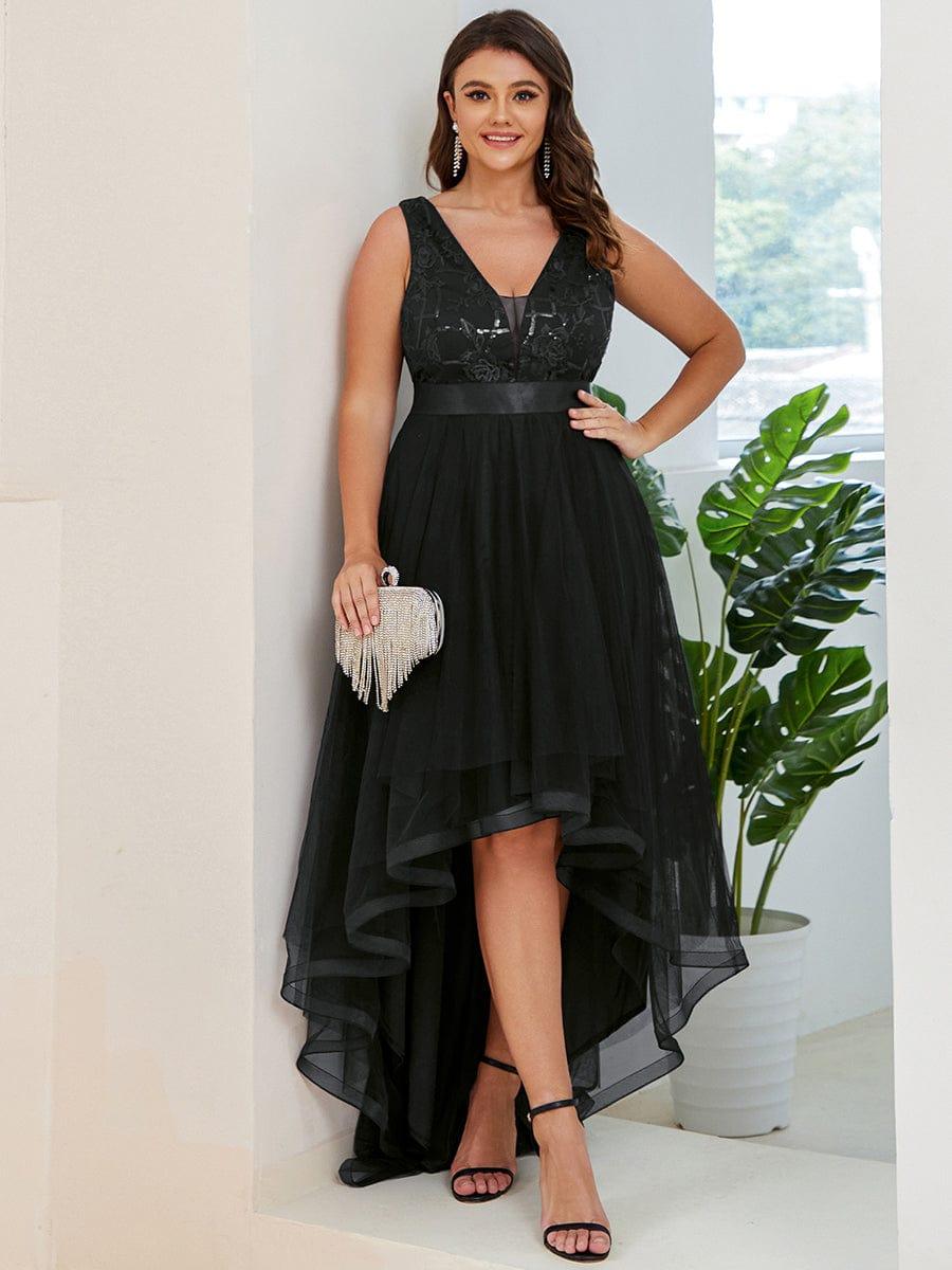 pretty SASHIA|Plus Size Sequin High-Low Deep V Neck Tulle Evening Dresses