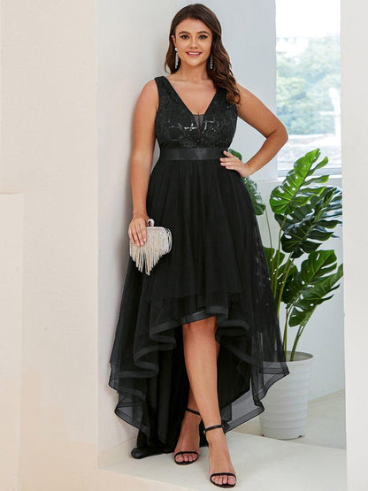 pretty SASHIA|Plus Size Sequin High-Low Deep V Neck Tulle Evening Dresses