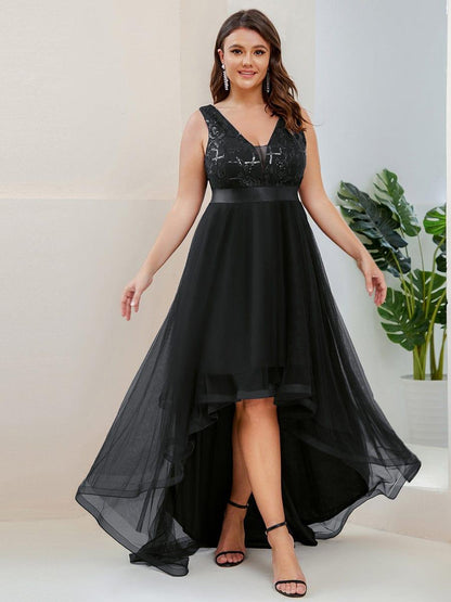 pretty SASHIA|Plus Size Sequin High-Low Deep V Neck Tulle Evening Dresses