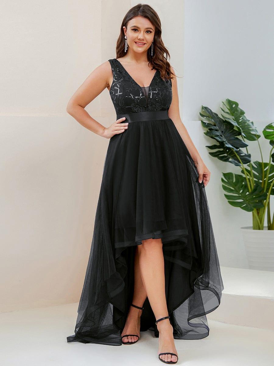 pretty SASHIA|Plus Size Sequin High-Low Deep V Neck Tulle Evening Dresses