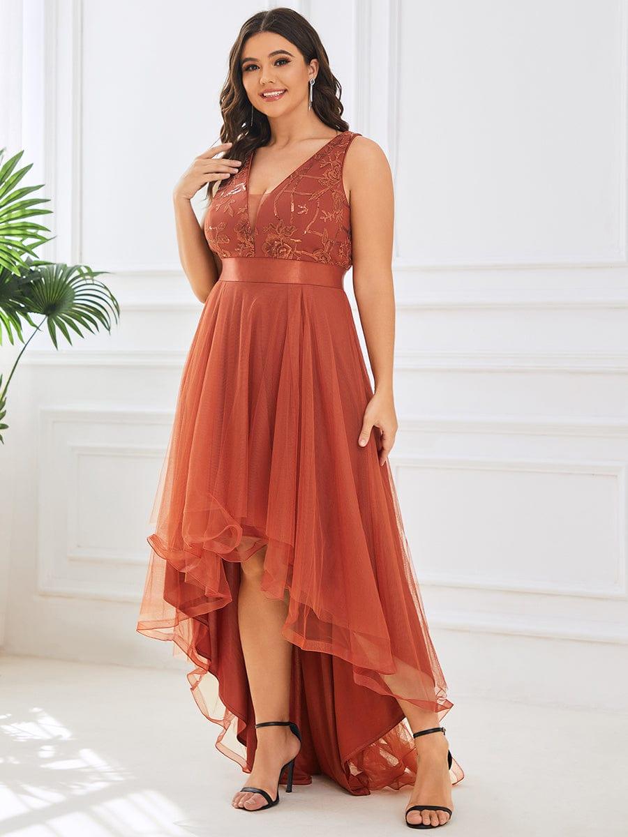 pretty SASHIA|Plus Size Sequin High-Low Deep V Neck Tulle Evening Dresses