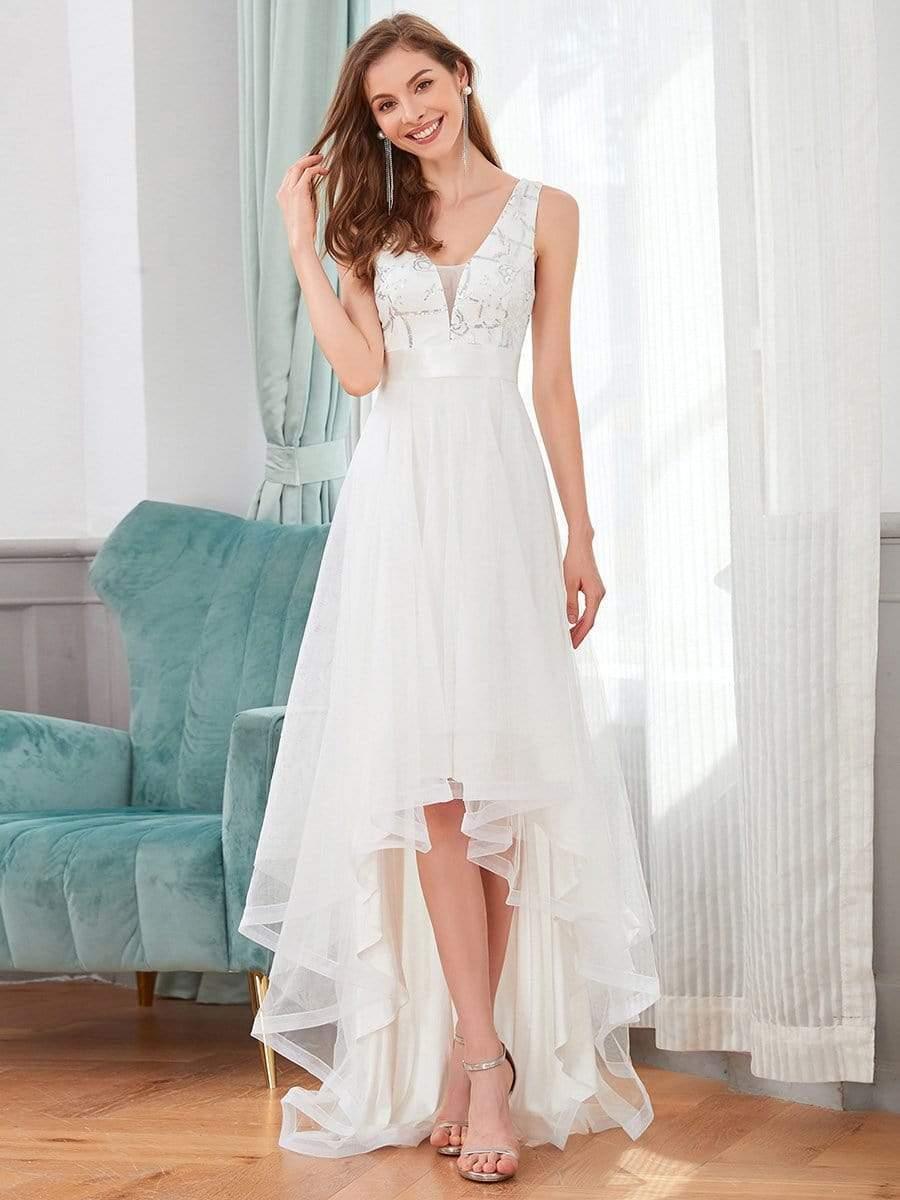 ever SASHIA|Fashion Sequin Appliques High-Low Tulle Elopement Dress for Wedding