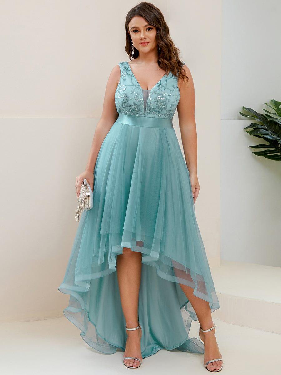 pretty SASHIA|Plus Size Sequin High-Low Deep V Neck Tulle Evening Dresses