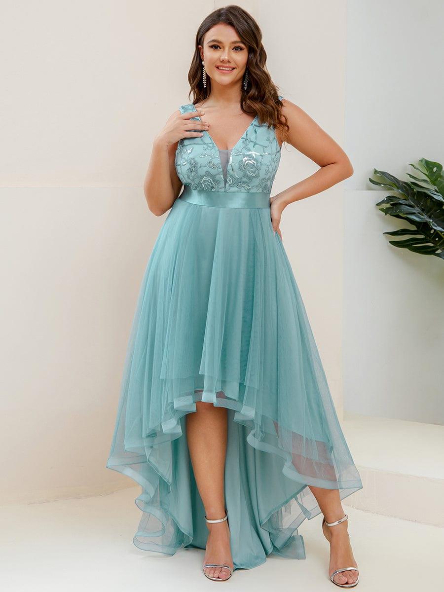 pretty SASHIA|Plus Size Sequin High-Low Deep V Neck Tulle Evening Dresses