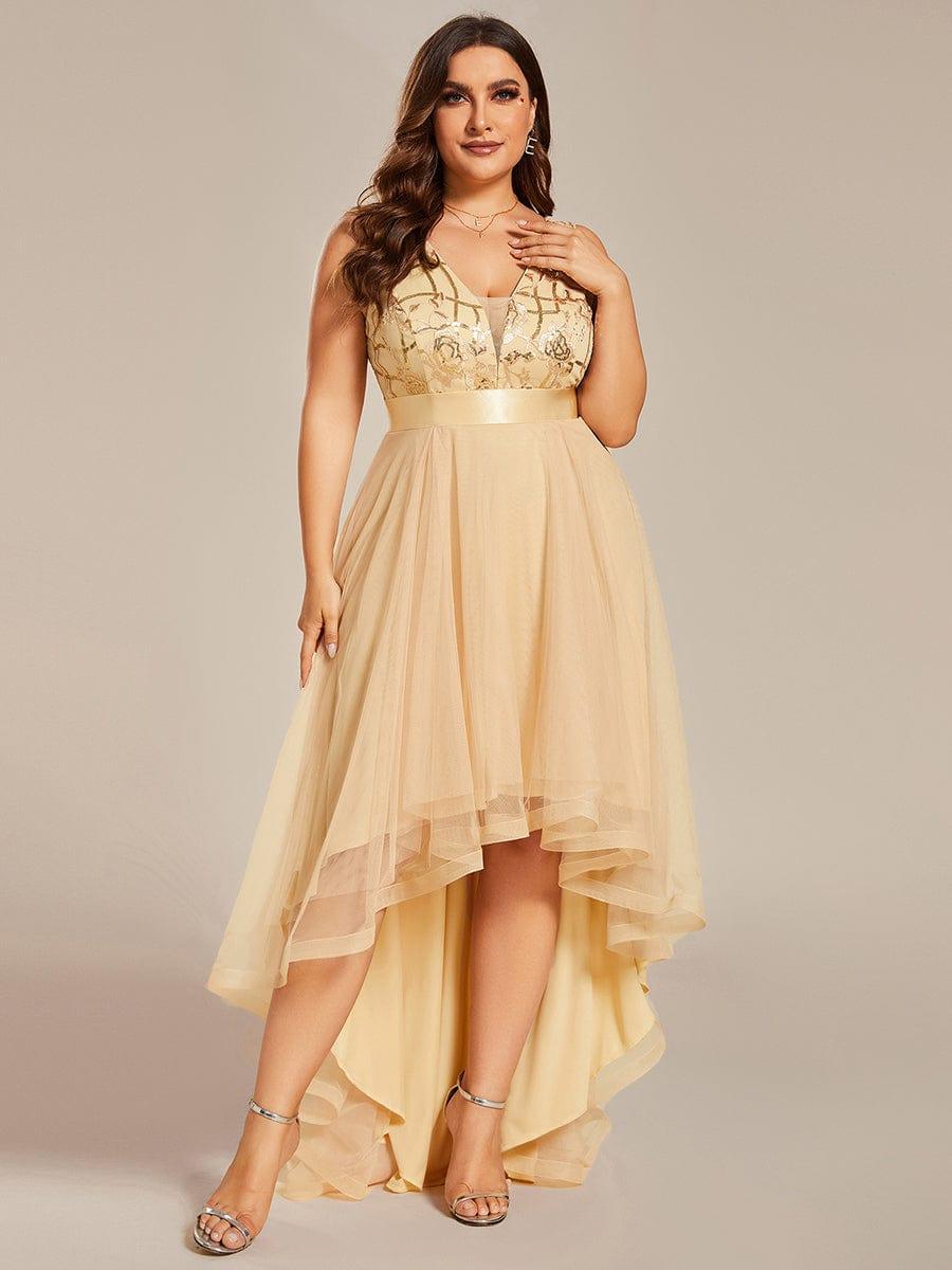 pretty SASHIA|Plus Size Sequin High-Low Deep V Neck Tulle Evening Dresses