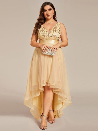 pretty SASHIA|Plus Size Sequin High-Low Deep V Neck Tulle Evening Dresses
