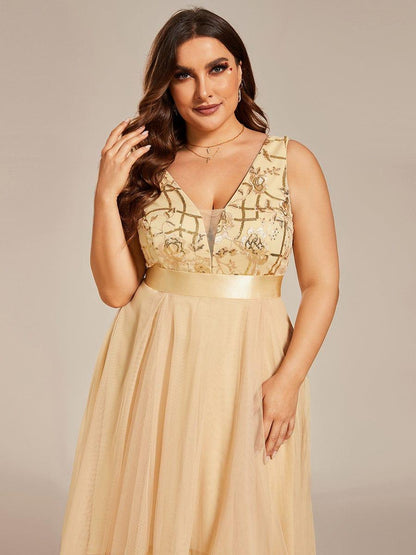 pretty SASHIA|Plus Size Sequin High-Low Deep V Neck Tulle Evening Dresses