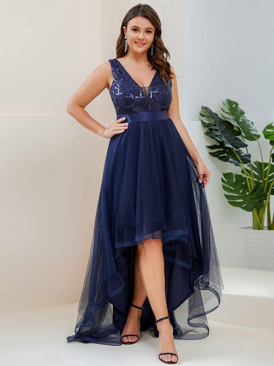 pretty SASHIA|Plus Size Sequin High-Low Deep V Neck Tulle Evening Dresses