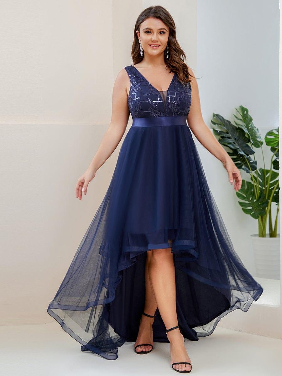 pretty SASHIA|Plus Size Sequin High-Low Deep V Neck Tulle Evening Dresses
