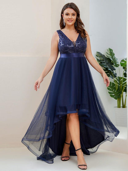 pretty SASHIA|Plus Size Sequin High-Low Deep V Neck Tulle Evening Dresses