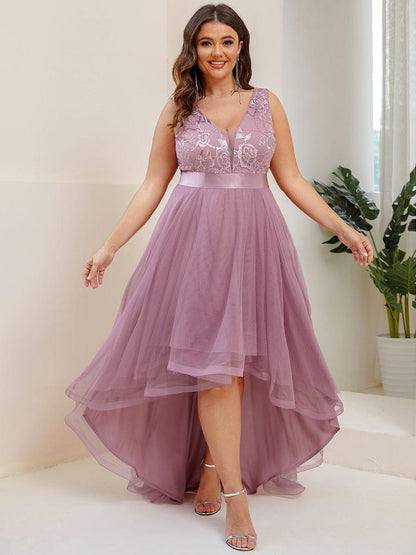 pretty SASHIA|Plus Size Sequin High-Low Deep V Neck Tulle Evening Dresses