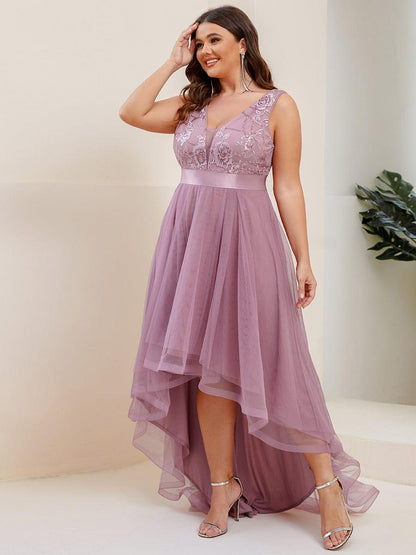 pretty SASHIA|Plus Size Sequin High-Low Deep V Neck Tulle Evening Dresses