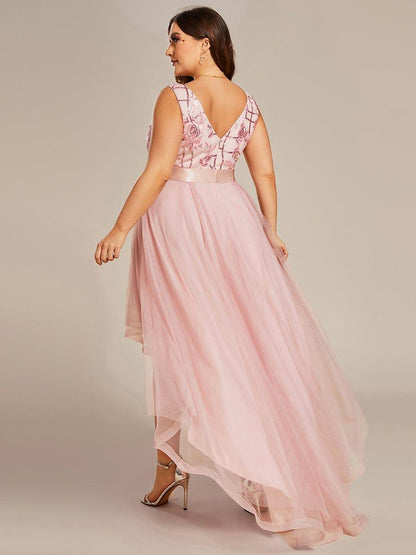 pretty SASHIA|Plus Size Sequin High-Low Deep V Neck Tulle Evening Dresses