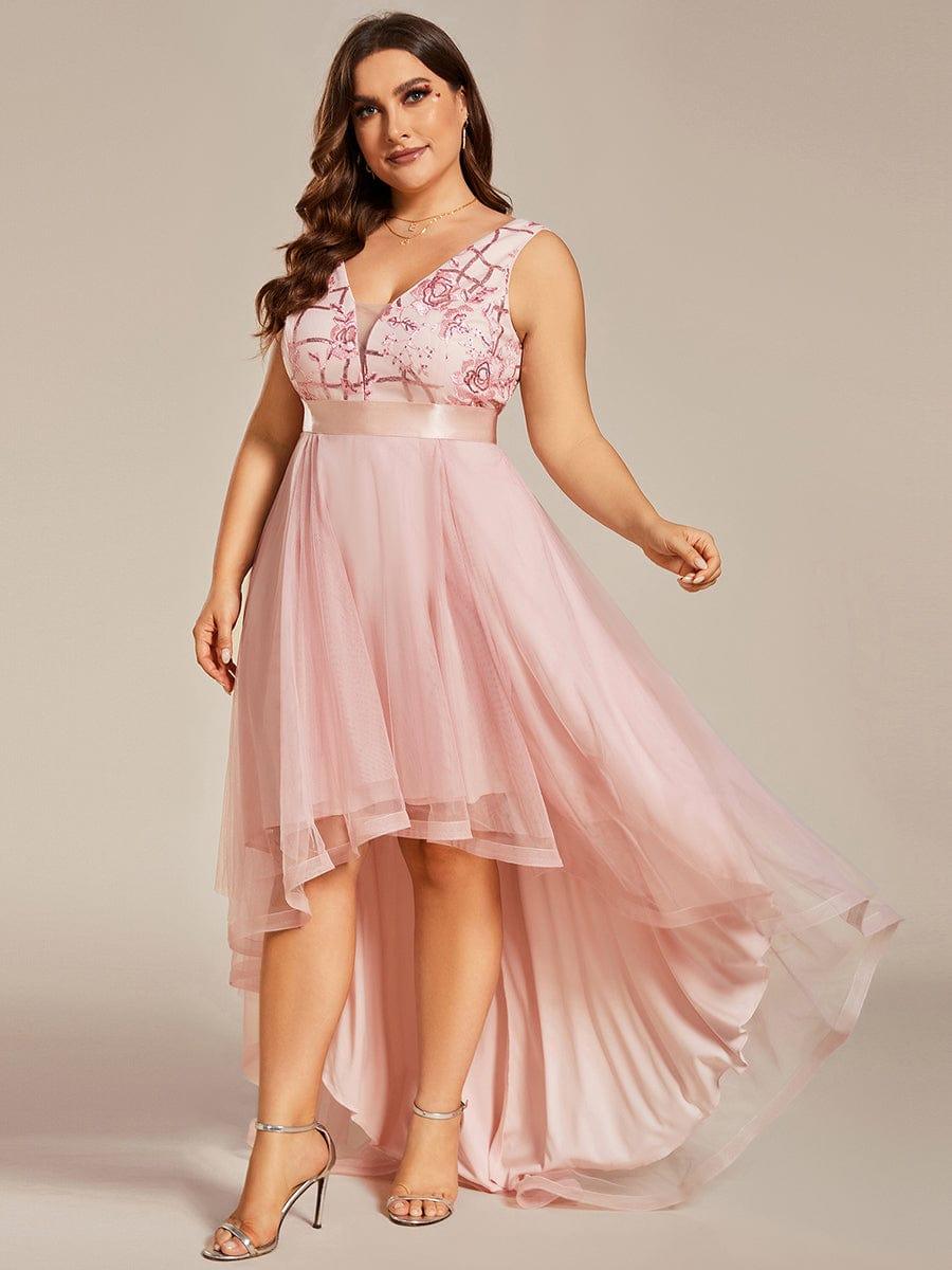 pretty SASHIA|Plus Size Sequin High-Low Deep V Neck Tulle Evening Dresses