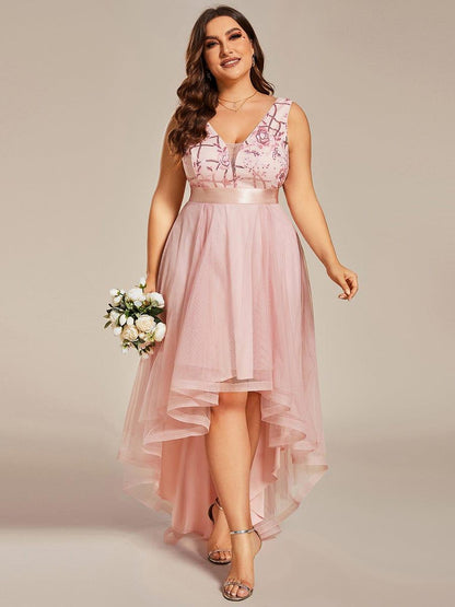 pretty SASHIA|Plus Size Sequin High-Low Deep V Neck Tulle Evening Dresses