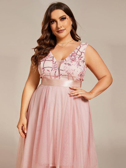 pretty SASHIA|Plus Size Sequin High-Low Deep V Neck Tulle Evening Dresses