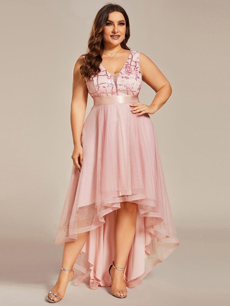 pretty SASHIA|Plus Size Sequin High-Low Deep V Neck Tulle Evening Dresses