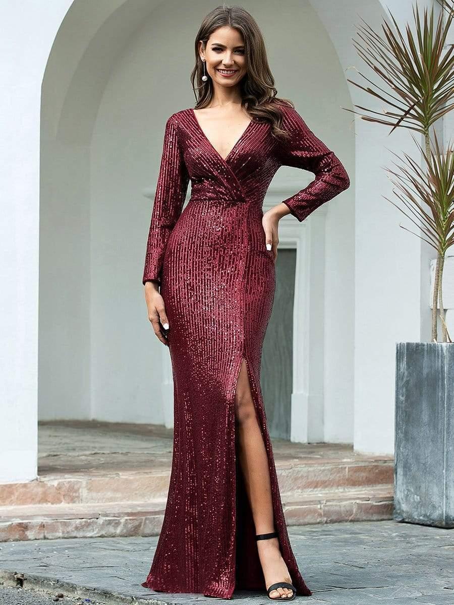 ever NYX|Shiny V Neck Sequin Long Sleeves Evening Dress