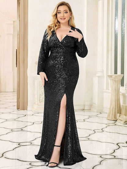 ever NYX|Shiny V Neck Sequin Long Sleeves Evening Dress