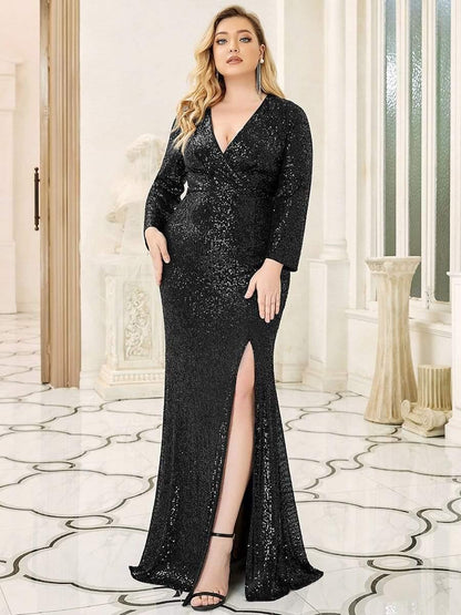 pretty NYX|Plus Size Sexy Deep V-Neck Sequin Bodice Formal Evening Gowns