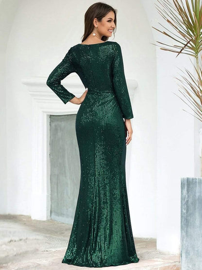 ever NYX|Shiny V Neck Sequin Long Sleeves Evening Dress
